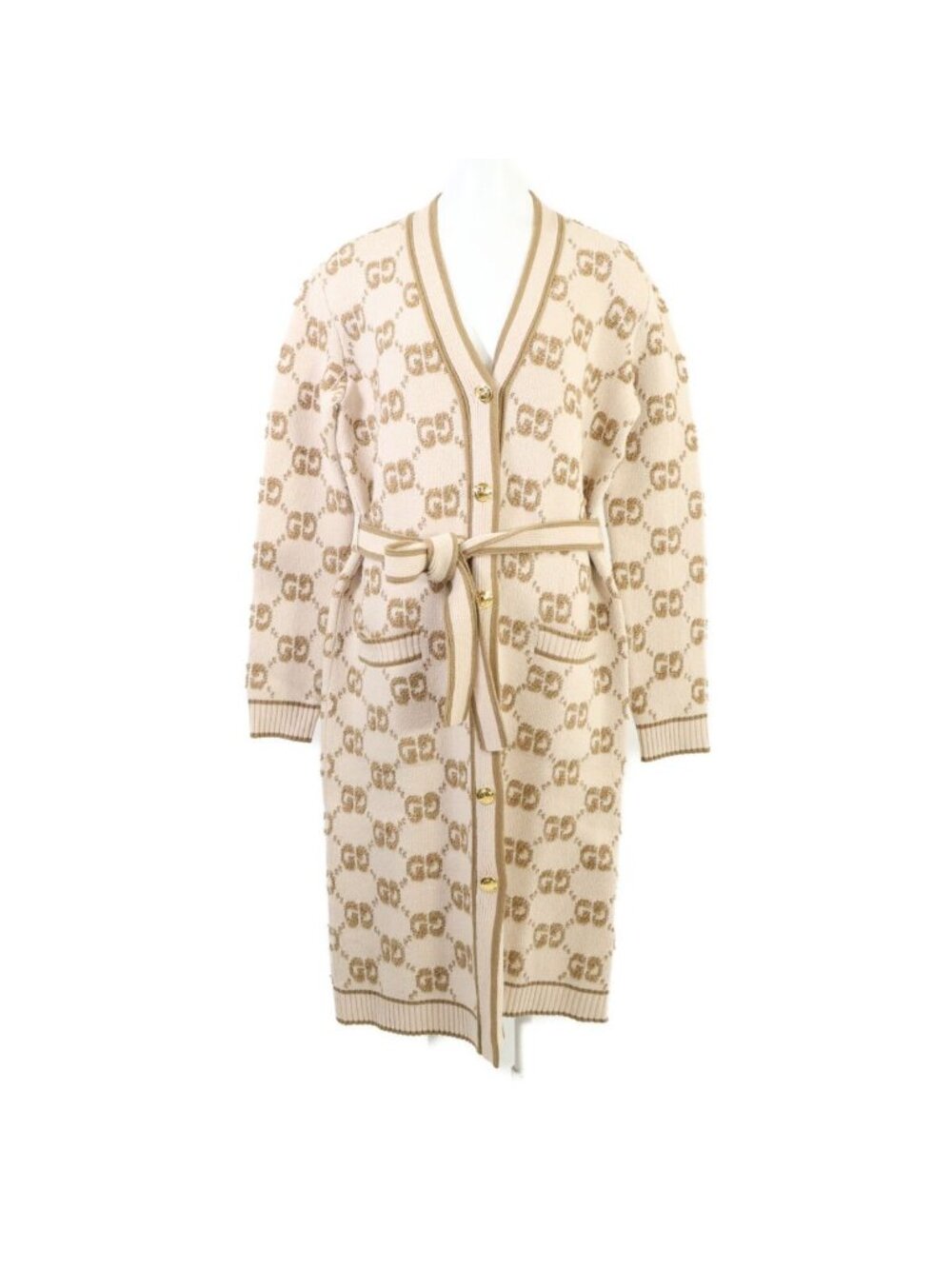 Gucci GG Wool Cles Jacquard Gold Button Long Cardigan